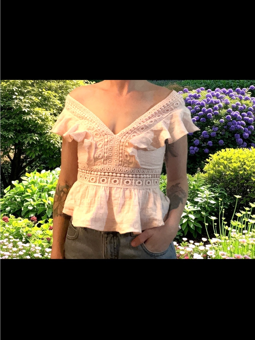 miami Pale Pink Lace-Trim Off-Shoulder Peplum Top